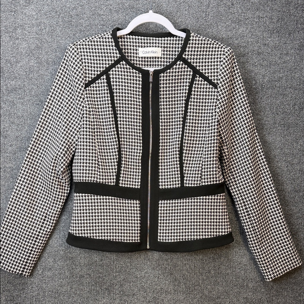 Calvin Klein Black and White Houndstooth Collarless Zip Jacket